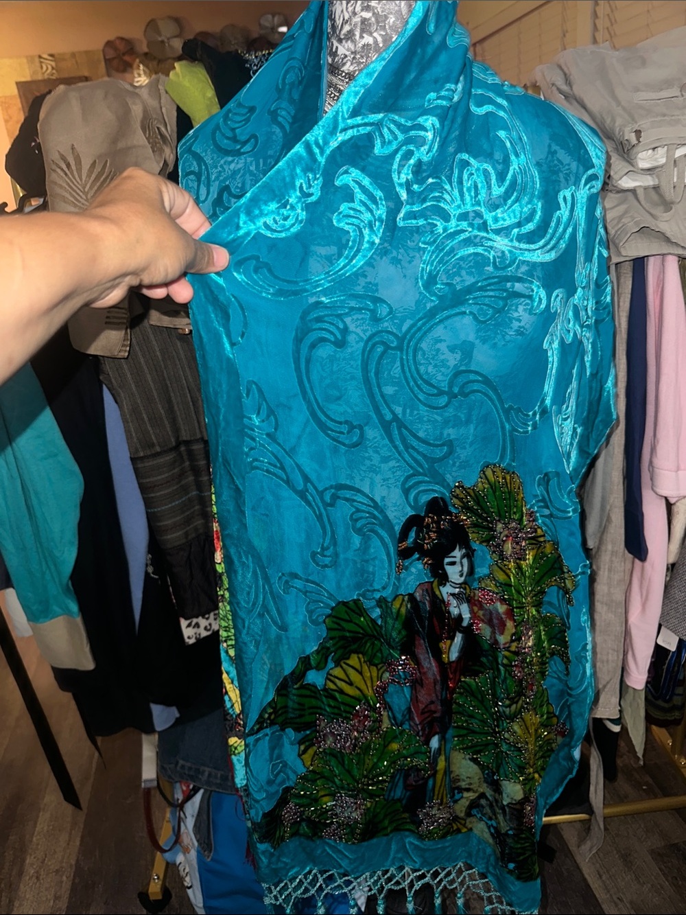 Turquoise Embroidered Floral-Print Silk Scarf Wrap